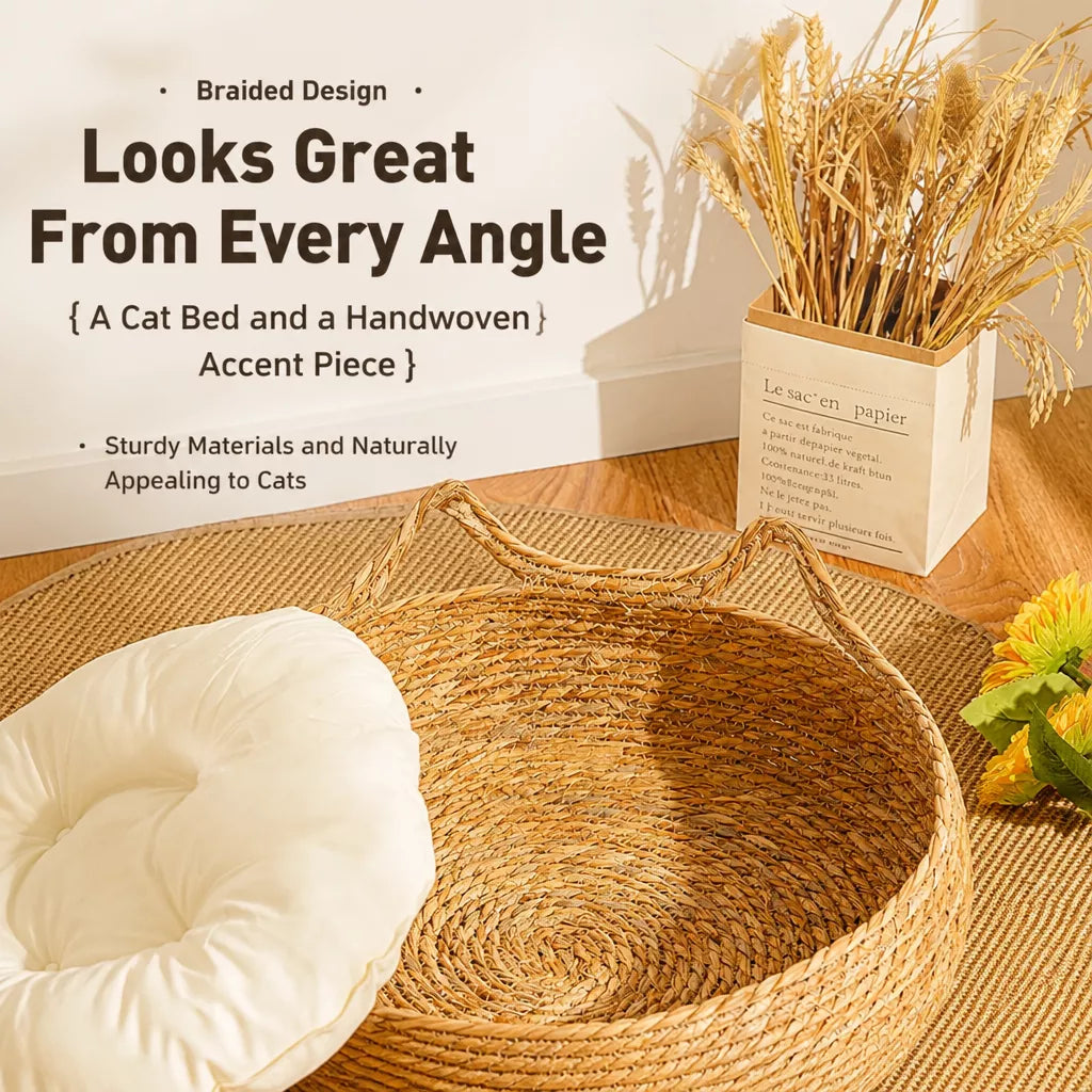 Woven Rattan Cat Bed with Cat-Ear Design