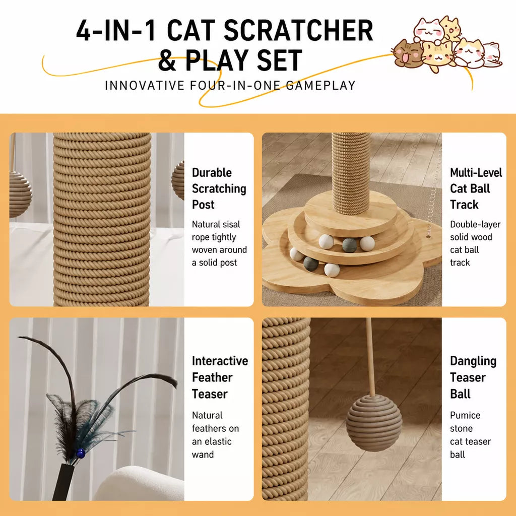 4-in-1 Vertical Cat Scratching Post and Climbing Tower
