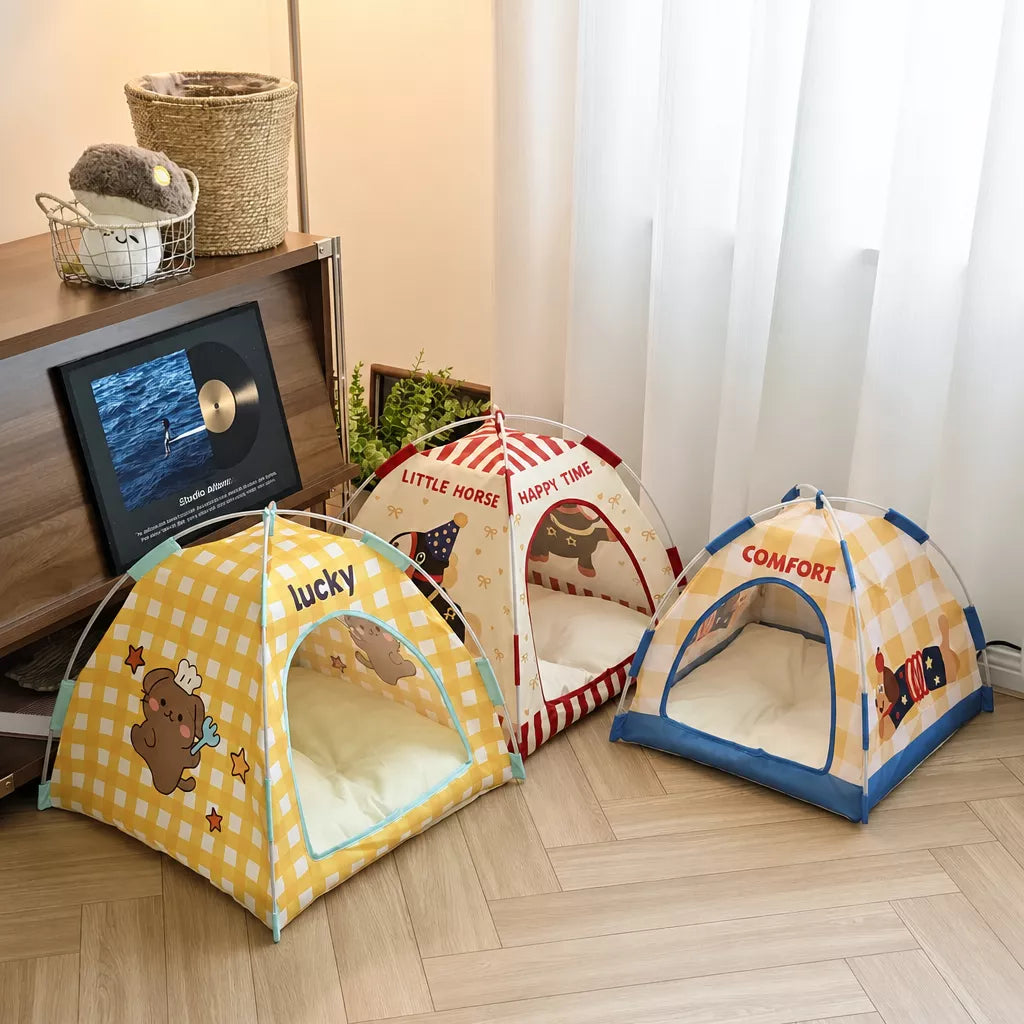Semi-Enclosed Foldable Pet Tent Bed for Cats and Small Dogs
