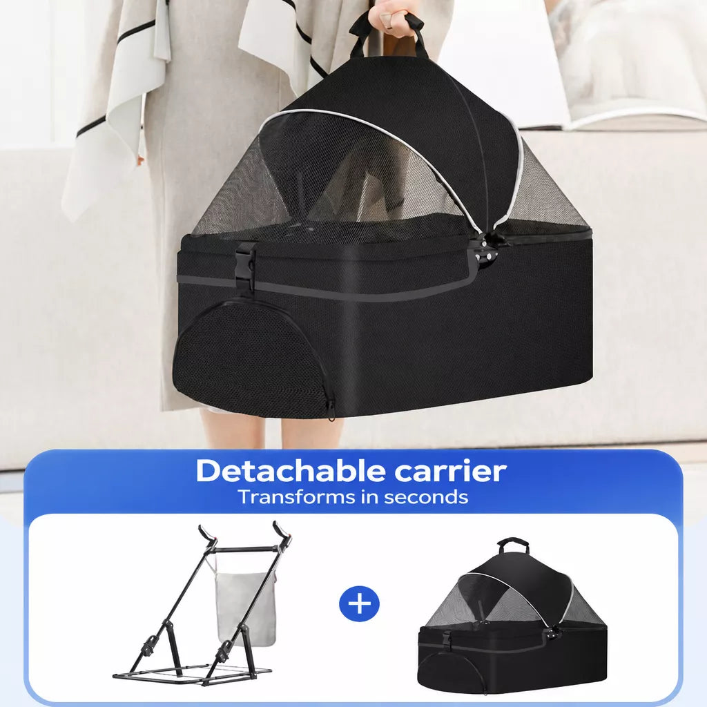 Foldable Pet Stroller with Detachable Carrier and Tray