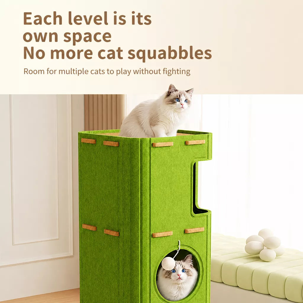Multi-Level Cat Tree with Enclosed Cat Houses and Scratching Boards
