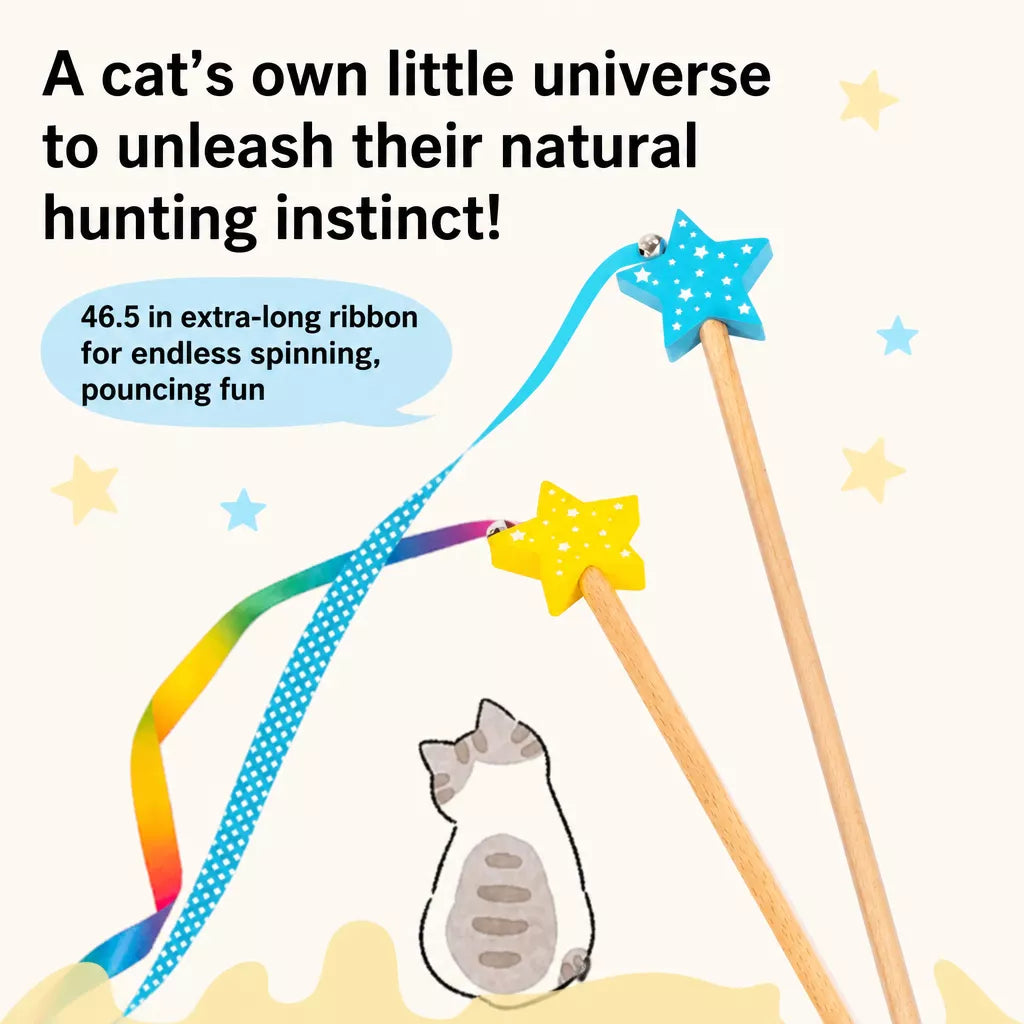 Wooden Cat Wand Toy with Bell and Feather Charms
