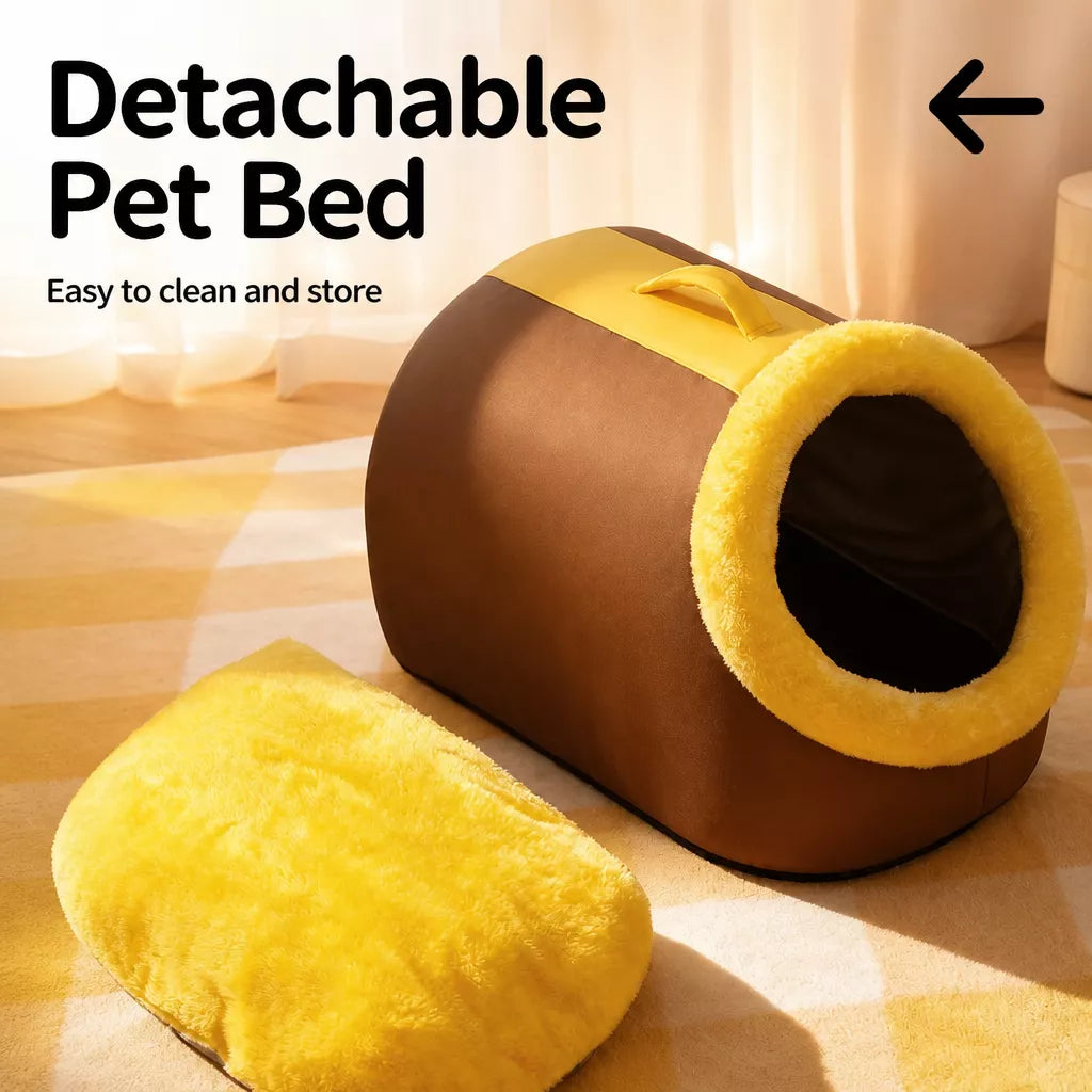 Enclosed Plush Pet Bed with Carry Handle for Cats and Small Dogs