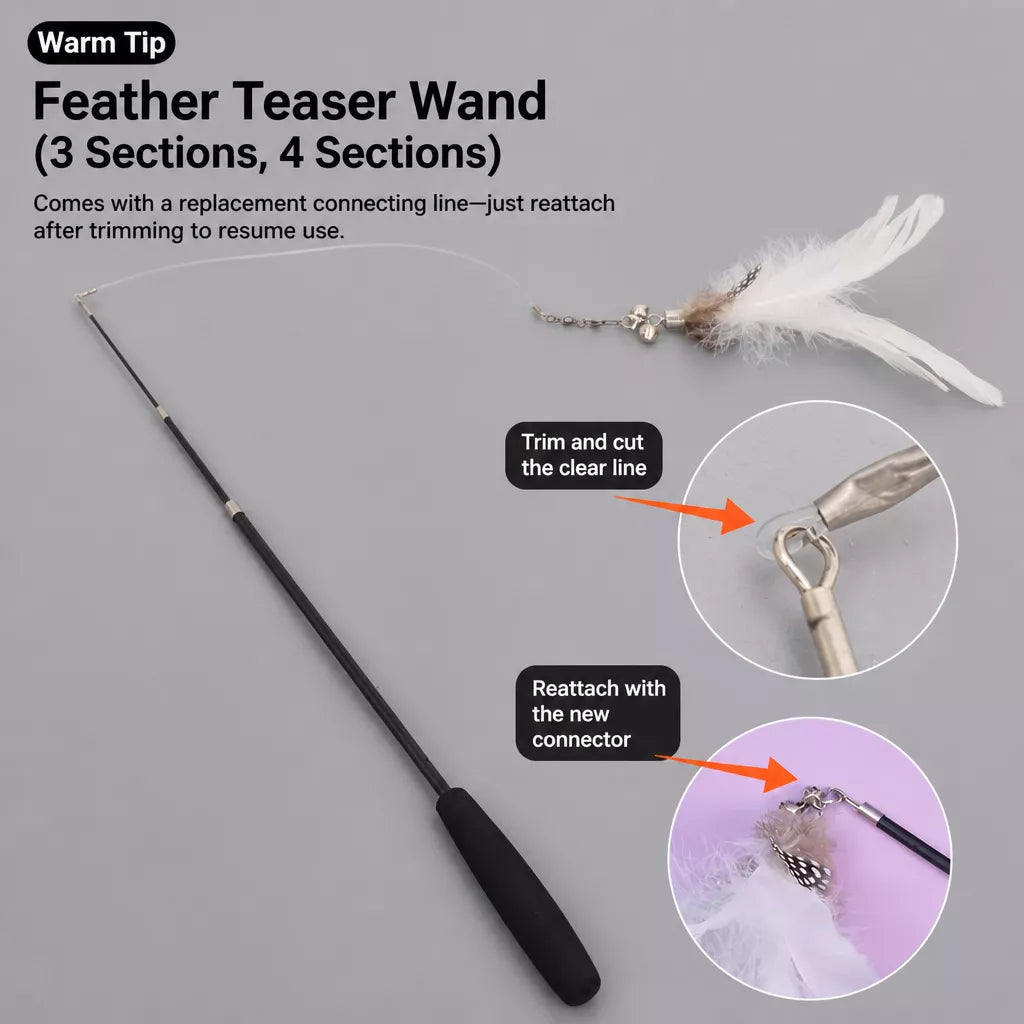 Cat Teaser Wand with Feather Replacement Toy Heads