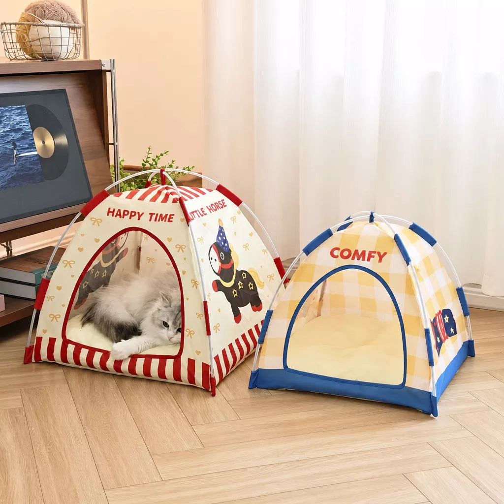 Semi-Enclosed Foldable Pet Tent Bed for Cats and Small Dogs