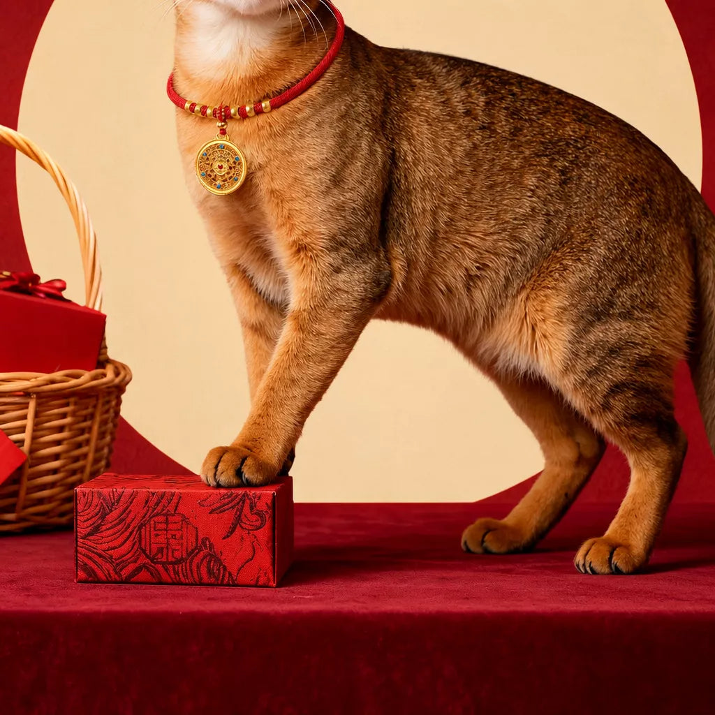 Red Chinese New Year Pet Collar with Decorative Copper Charm
