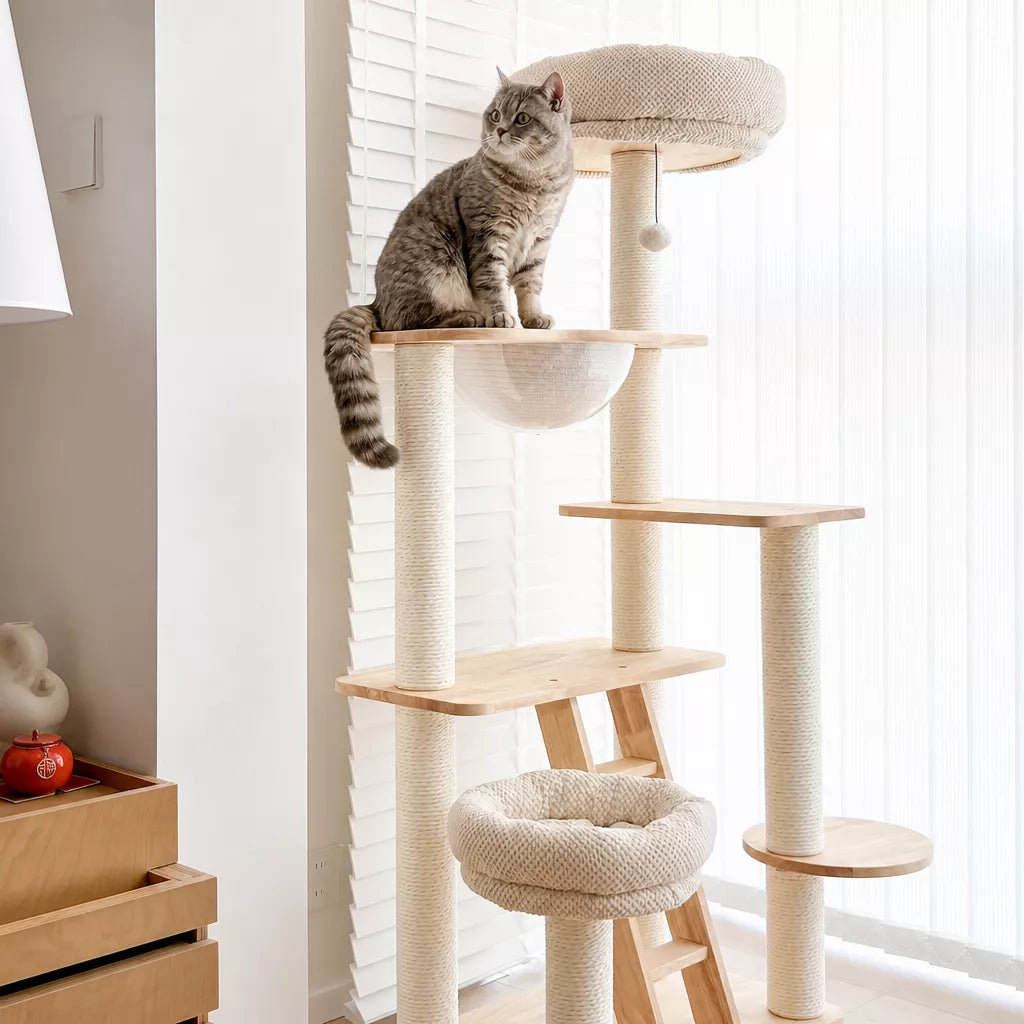 Wooden Cat Tree with Enclosed Hideaway and Removable Washable Parts
