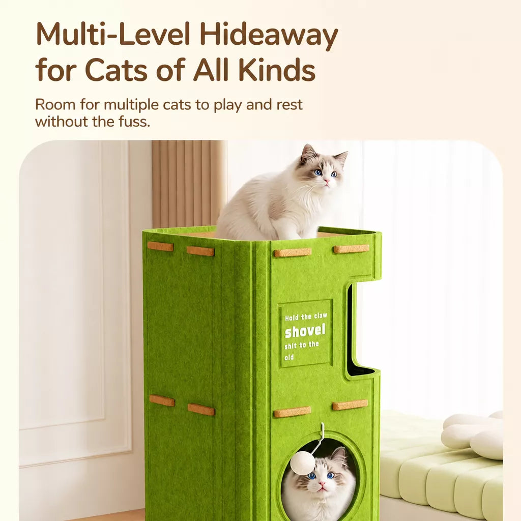 4-Tier Solid Wood Cat Tree with Enclosed House and Scratching Board