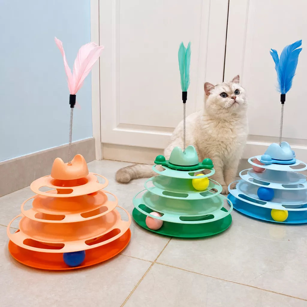 Cat Turntable Toy with Feather Wand and Colorful Balls