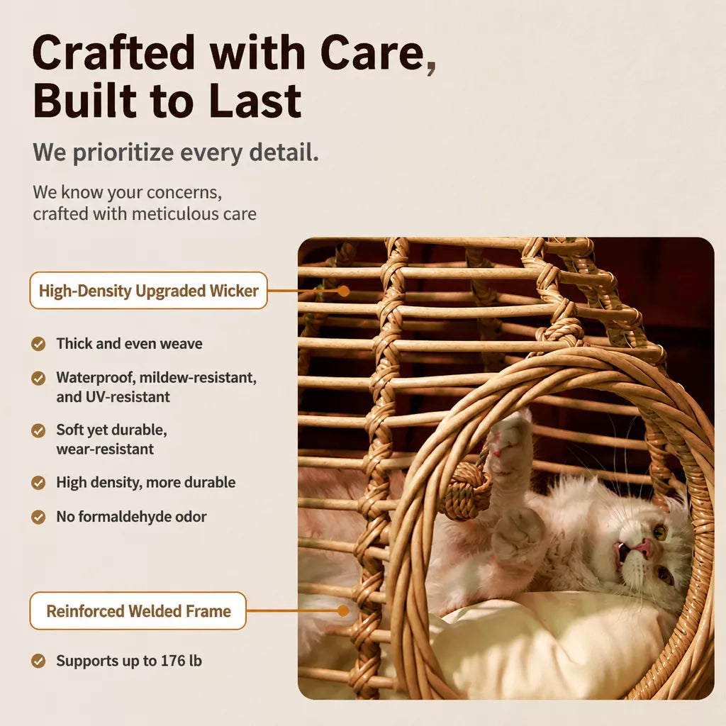 Handwoven Rattan Hanging Pet Bed with Cushion