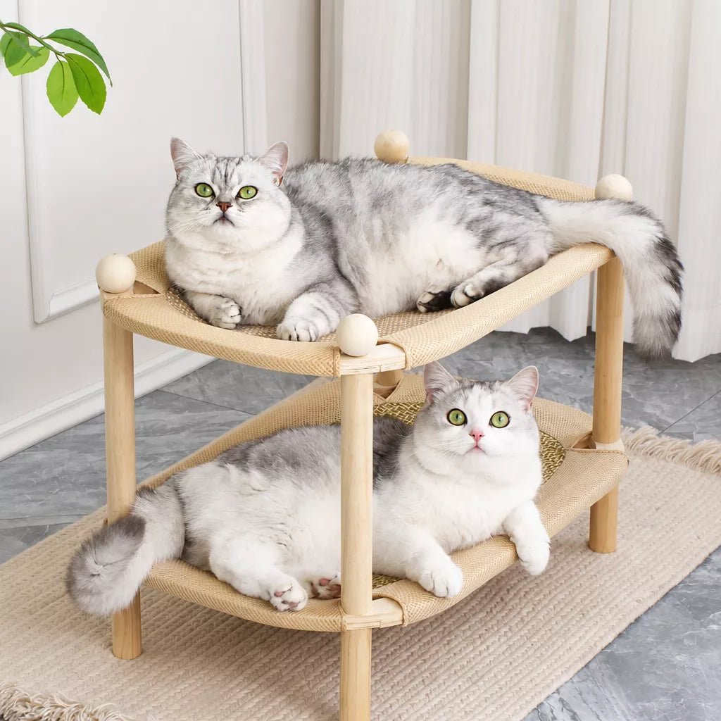 Two-Tier Wooden Cat Bed with Sisal Scratcher and Woven Mats