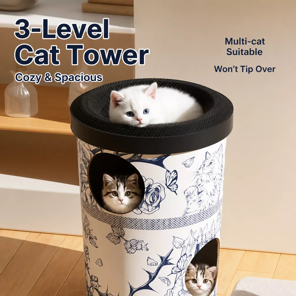 Three-Tier Corrugated Cardboard Cat Scratcher Hideaway