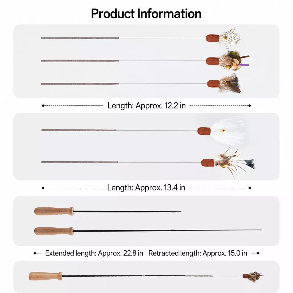 Retractable Cat Teaser Wand with Interchangeable Feather & Plush Heads
