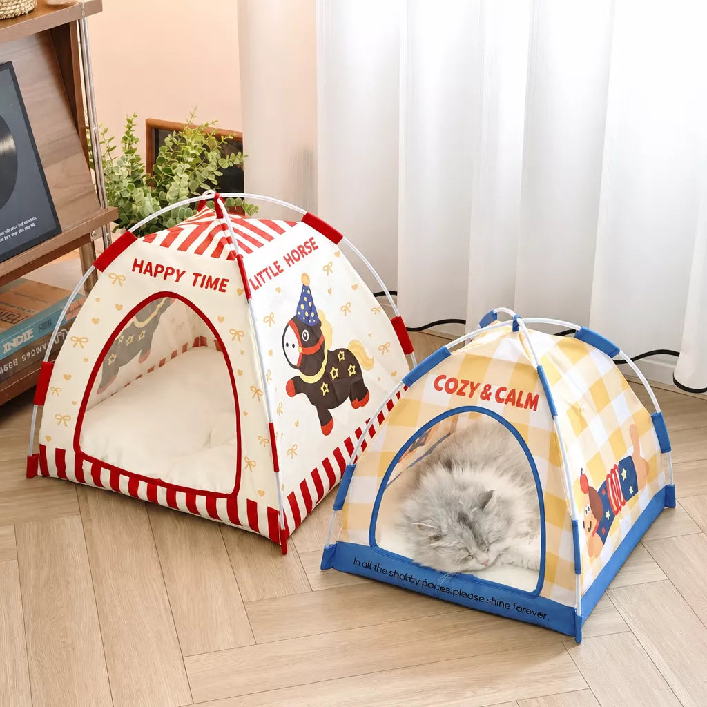 Semi-Enclosed Foldable Pet Tent Bed for Cats and Small Dogs