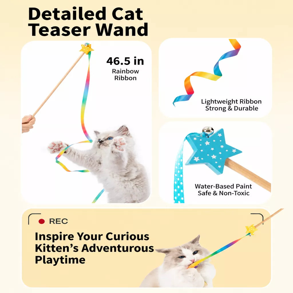 Wooden Cat Wand Toy with Bell and Feather Charms