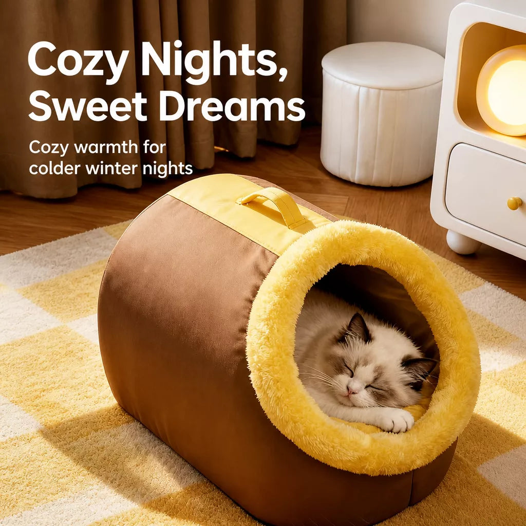 Enclosed Plush Pet Bed with Carry Handle for Cats and Small Dogs