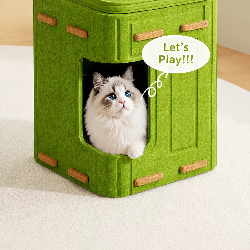 4-Tier Solid Wood Cat Tree with Enclosed House and Scratching Board