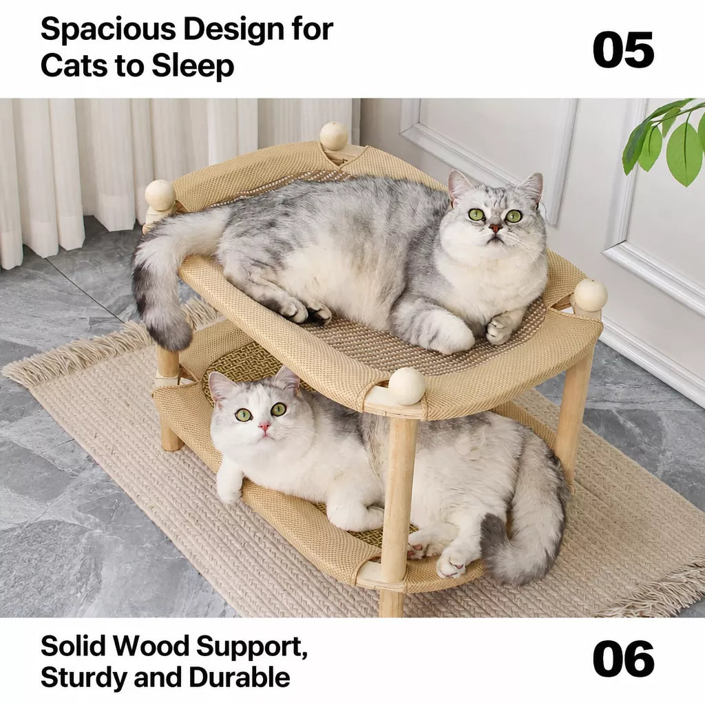 Two-Tier Wooden Cat Bed with Sisal Scratcher and Woven Mats