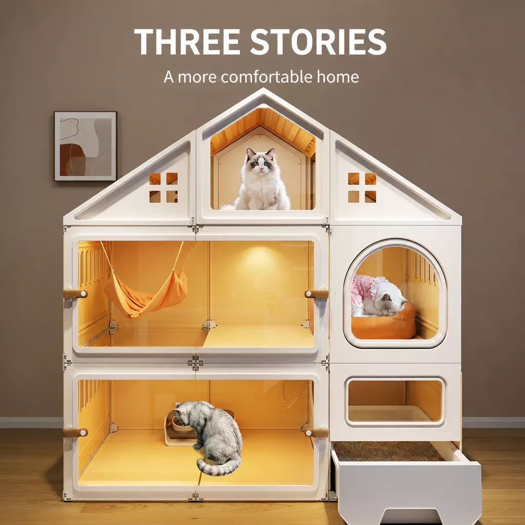 Multi-Level Cat House with Litter Box Area