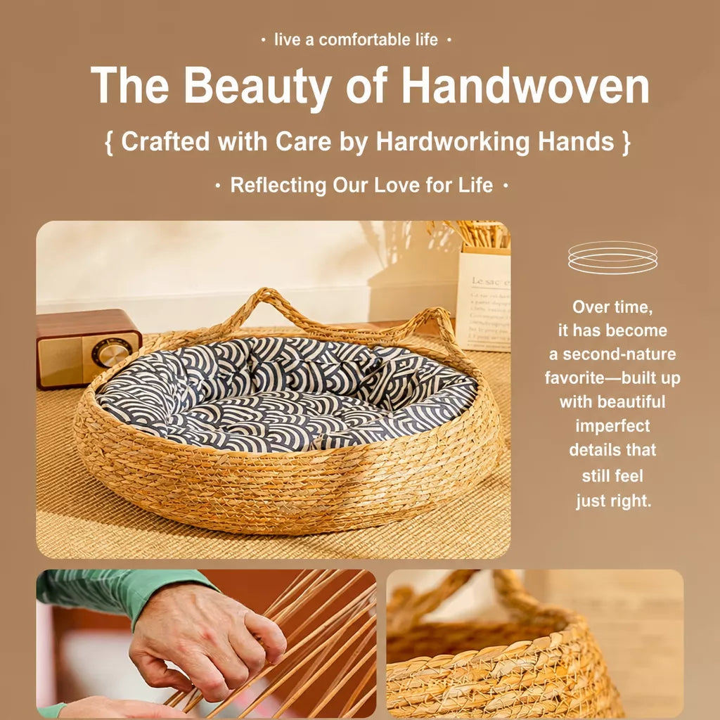 Woven Rattan Cat Bed with Cat-Ear Design