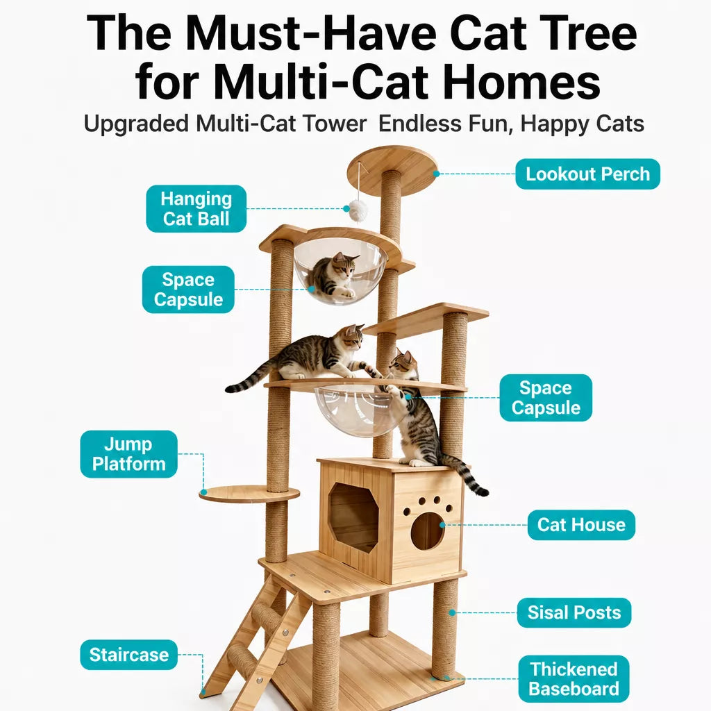Large Wooden Cat Tree with Cat House, Scratching Post & Capsule Perch