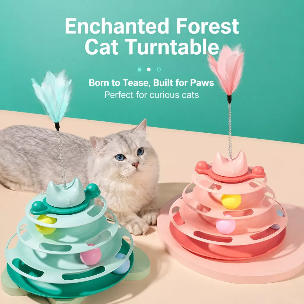 Cat Turntable Toy with Feather Wand and Colorful Balls