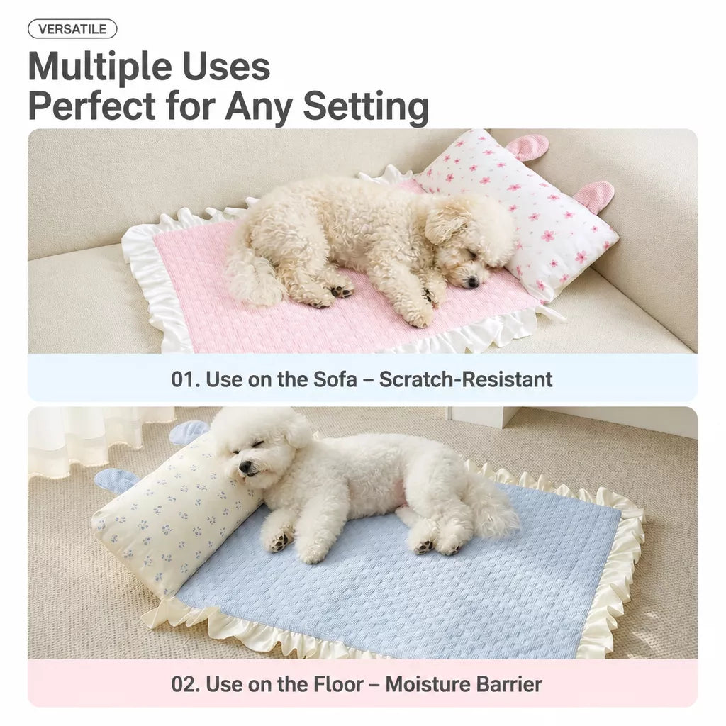 Pet Bed Mat with Bunny-Ear Pillow for Cats and Dogs