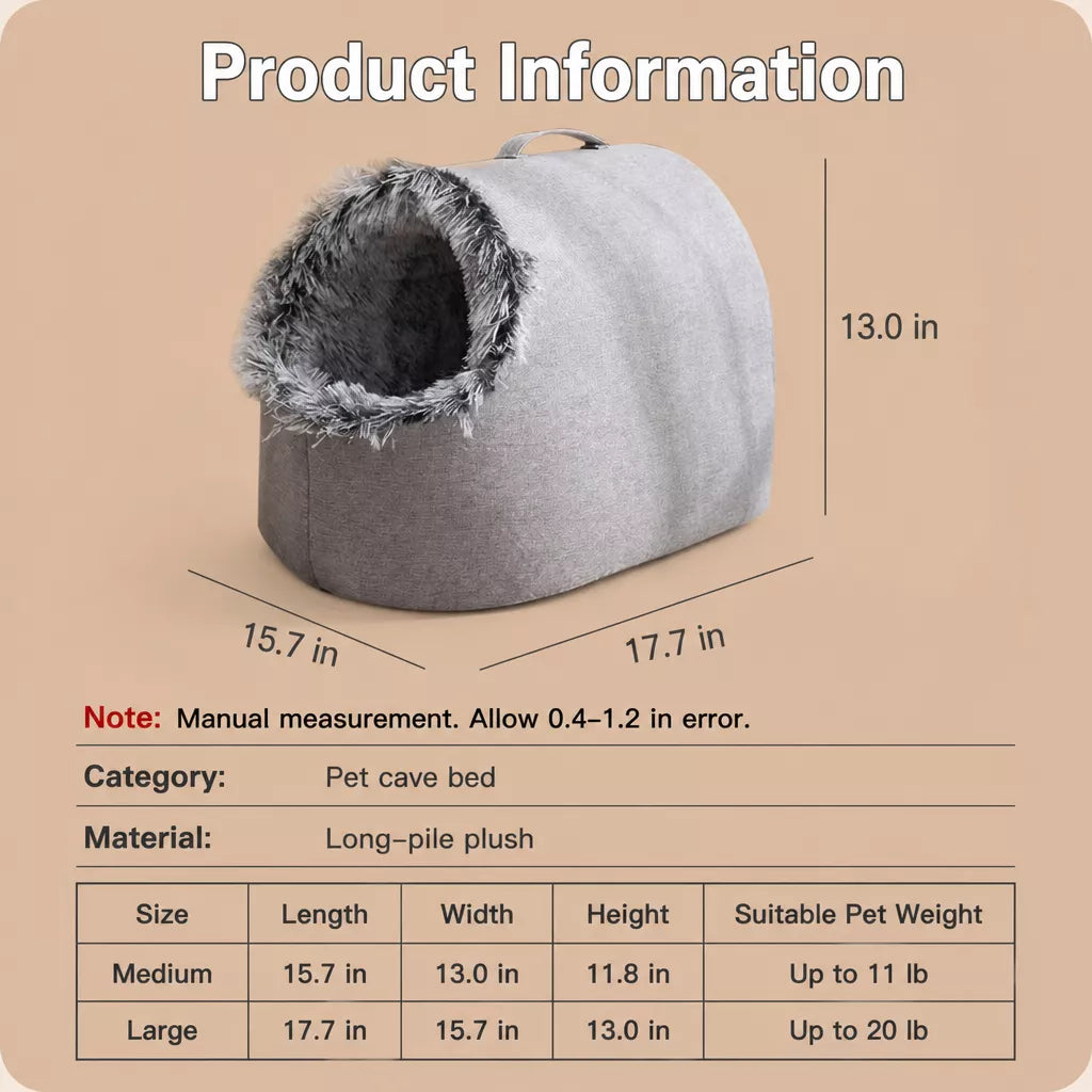 Enclosed Plush Pet Bed with Carry Handle for Cats & Small Dogs