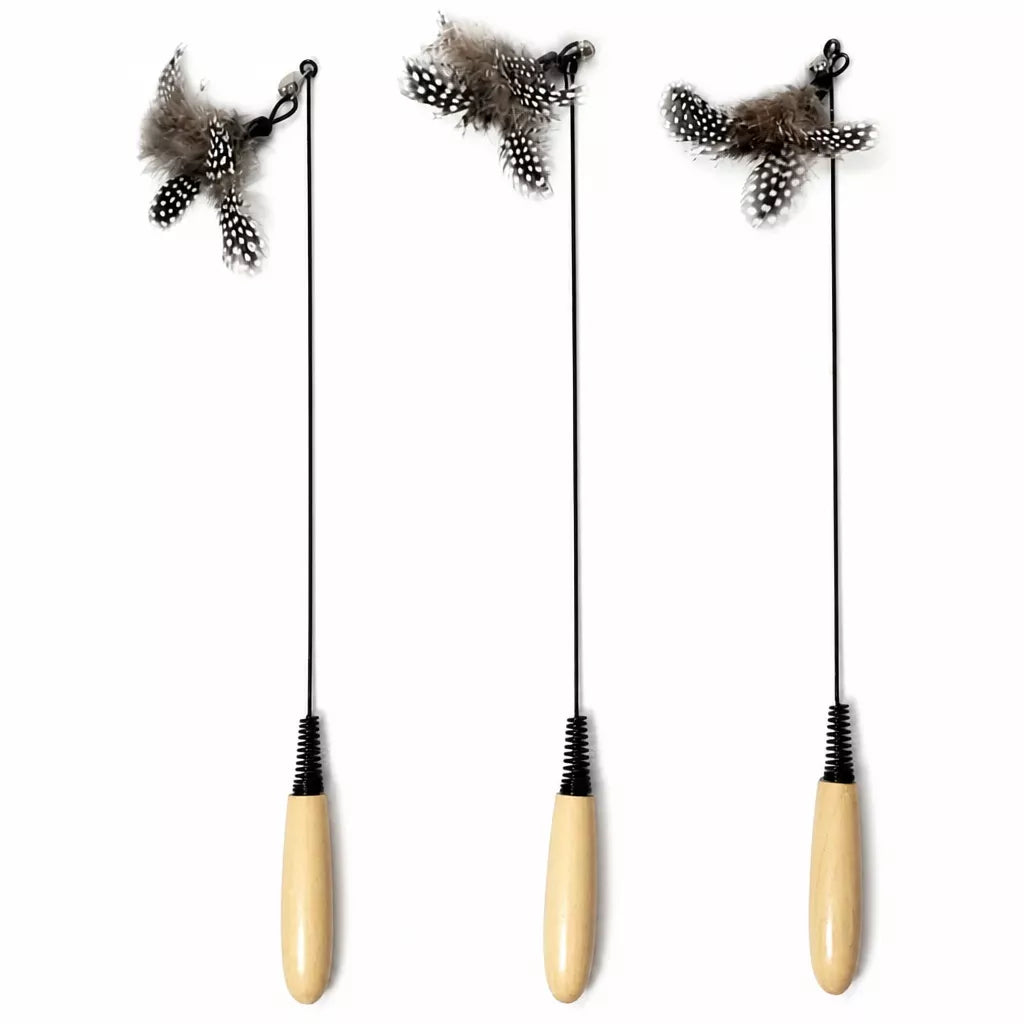Wooden Cat Teaser Wand with Detachable Feather Bell Attachment