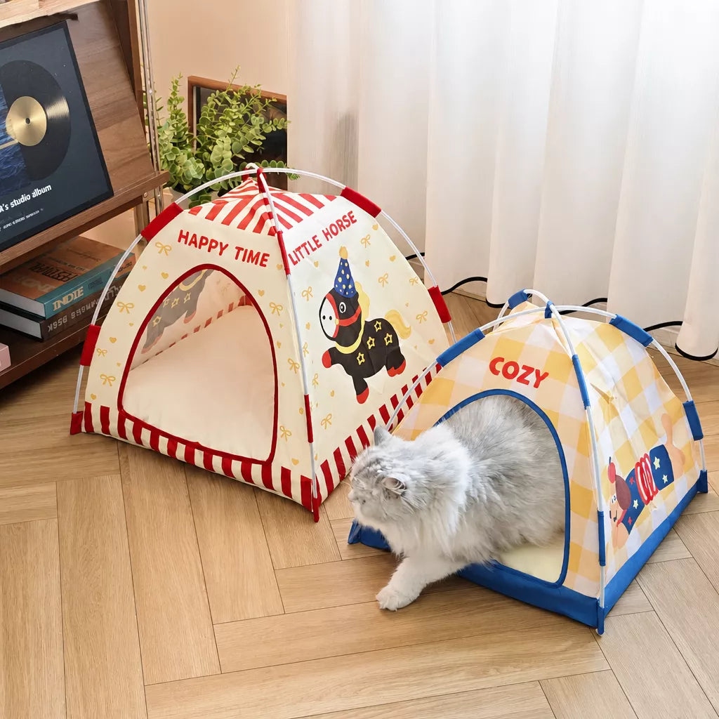 Semi-Enclosed Foldable Pet Tent Bed for Cats and Small Dogs