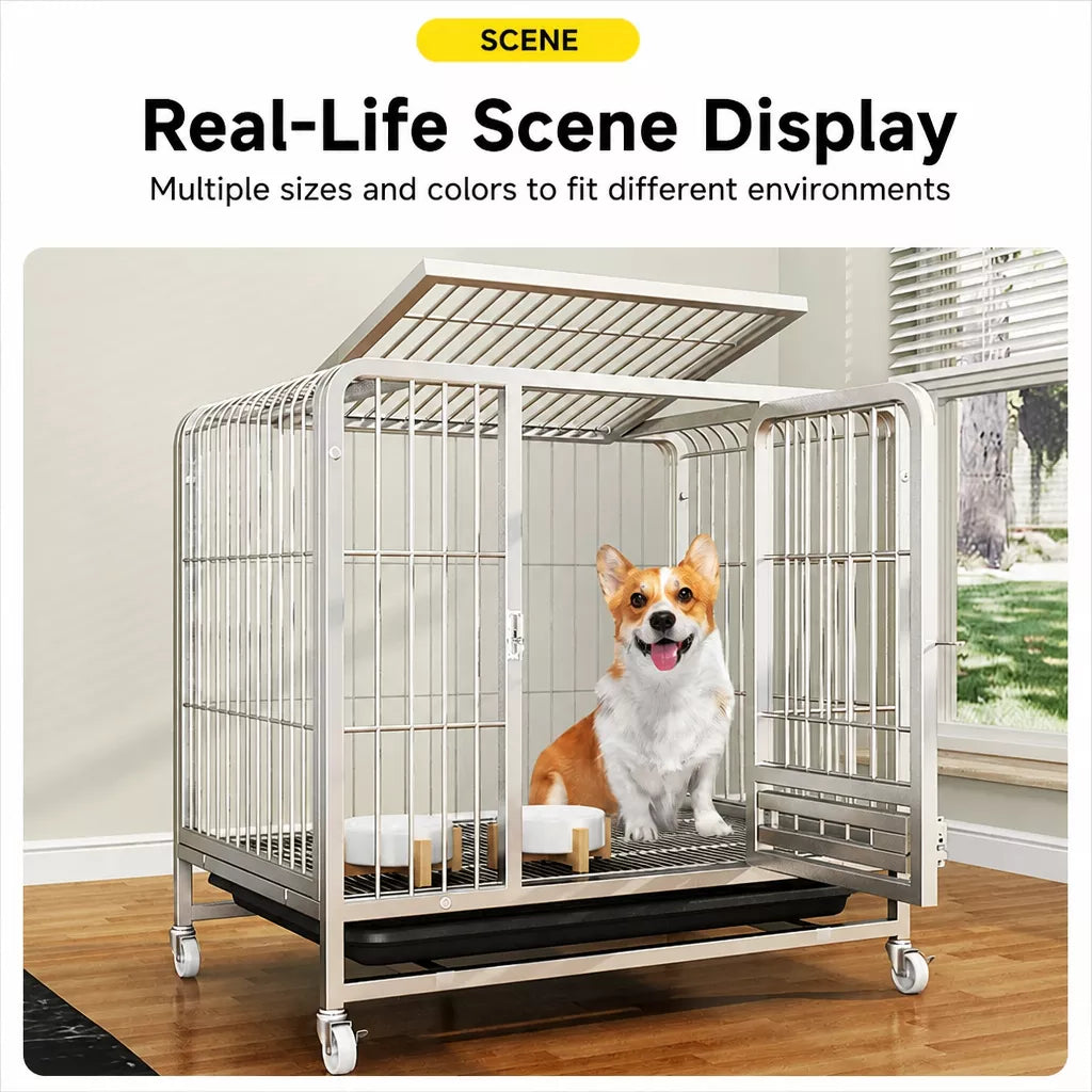Reinforced Metal Dog Crate with Floor Tray for Medium to Large Dogs