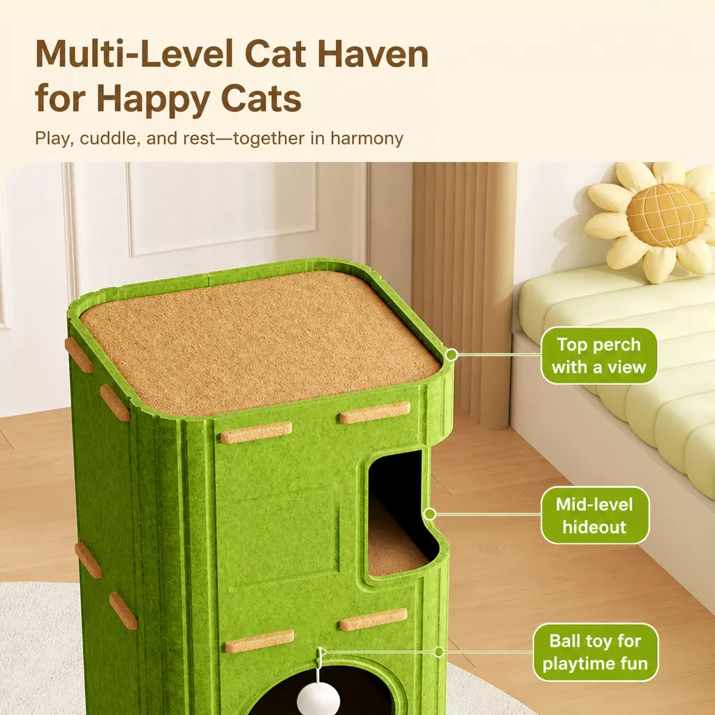 Multi-Level Cat Tree with Enclosed Cat Houses and Scratching Boards