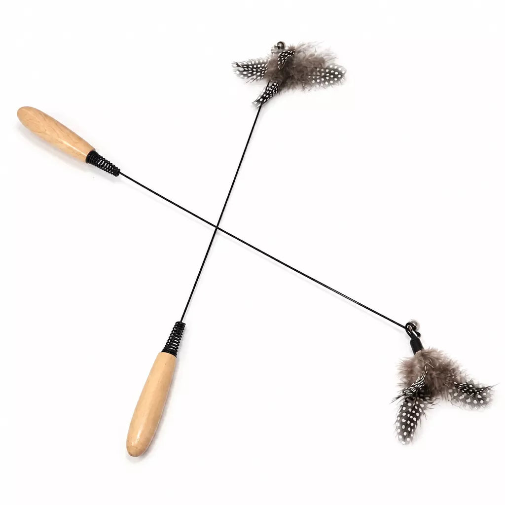 Wooden Cat Teaser Wand with Detachable Feather Bell Attachment