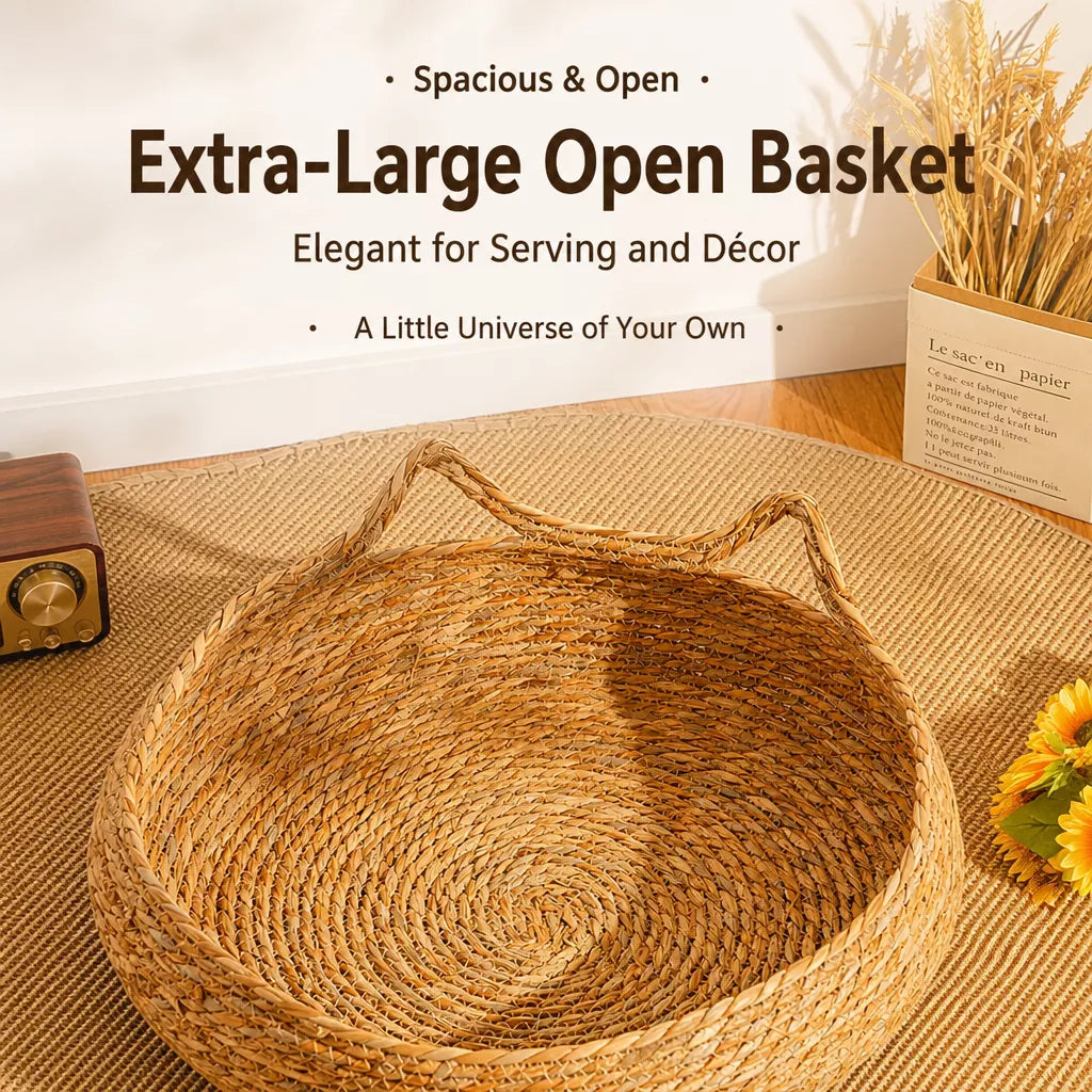 Woven Rattan Cat Bed with Cat-Ear Design