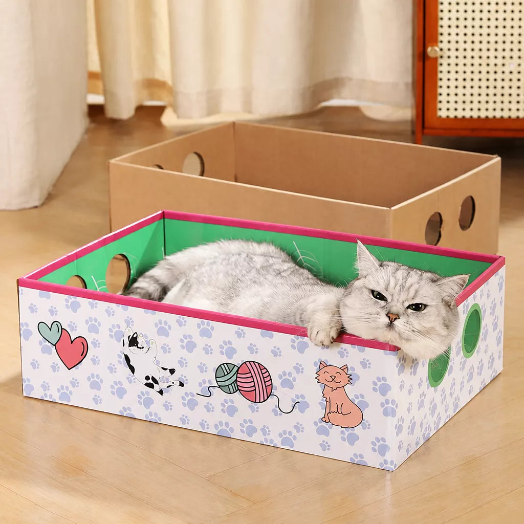 Corrugated Cardboard Cat House with Integrated Scratcher