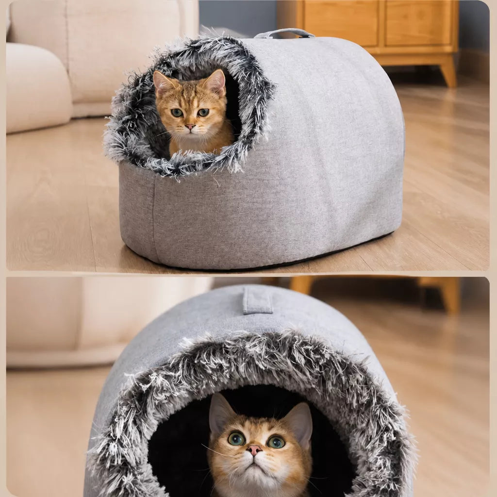 Enclosed Plush Pet Bed with Carry Handle for Cats & Small Dogs