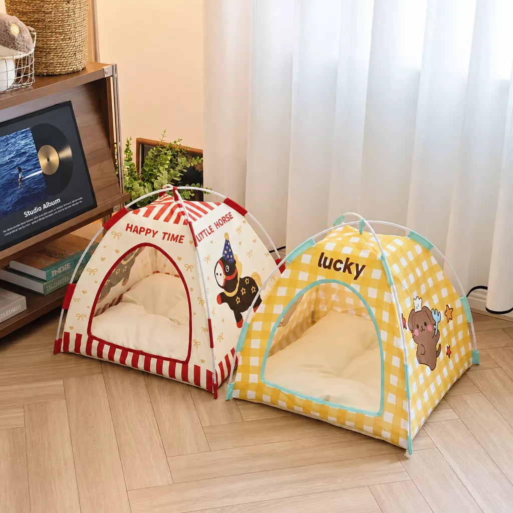 Semi-Enclosed Foldable Pet Tent Bed for Cats and Small Dogs