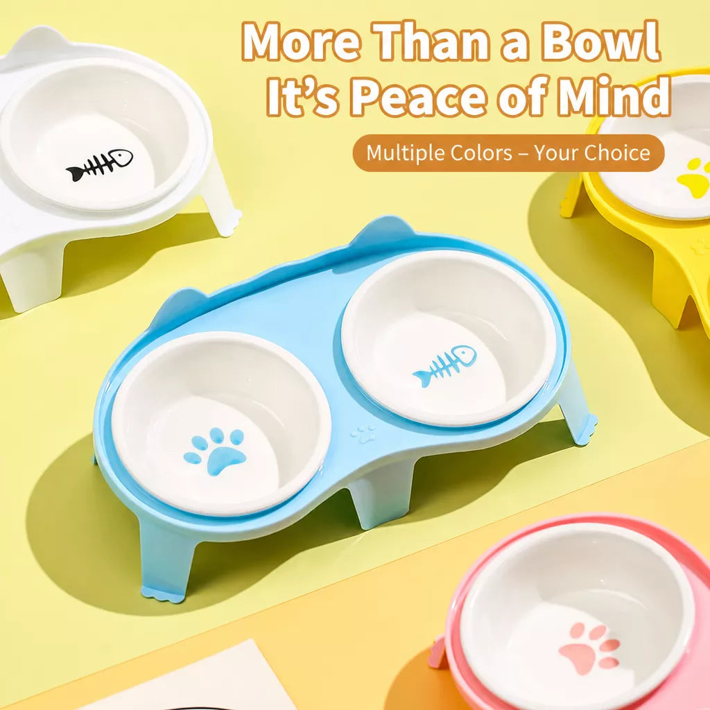 Ceramic Double Cat Bowls with Stand