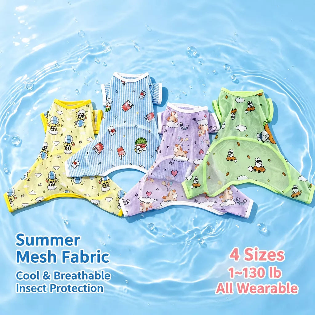 Summer Mesh Four-Leg Dog Outfit with Cartoon Print
