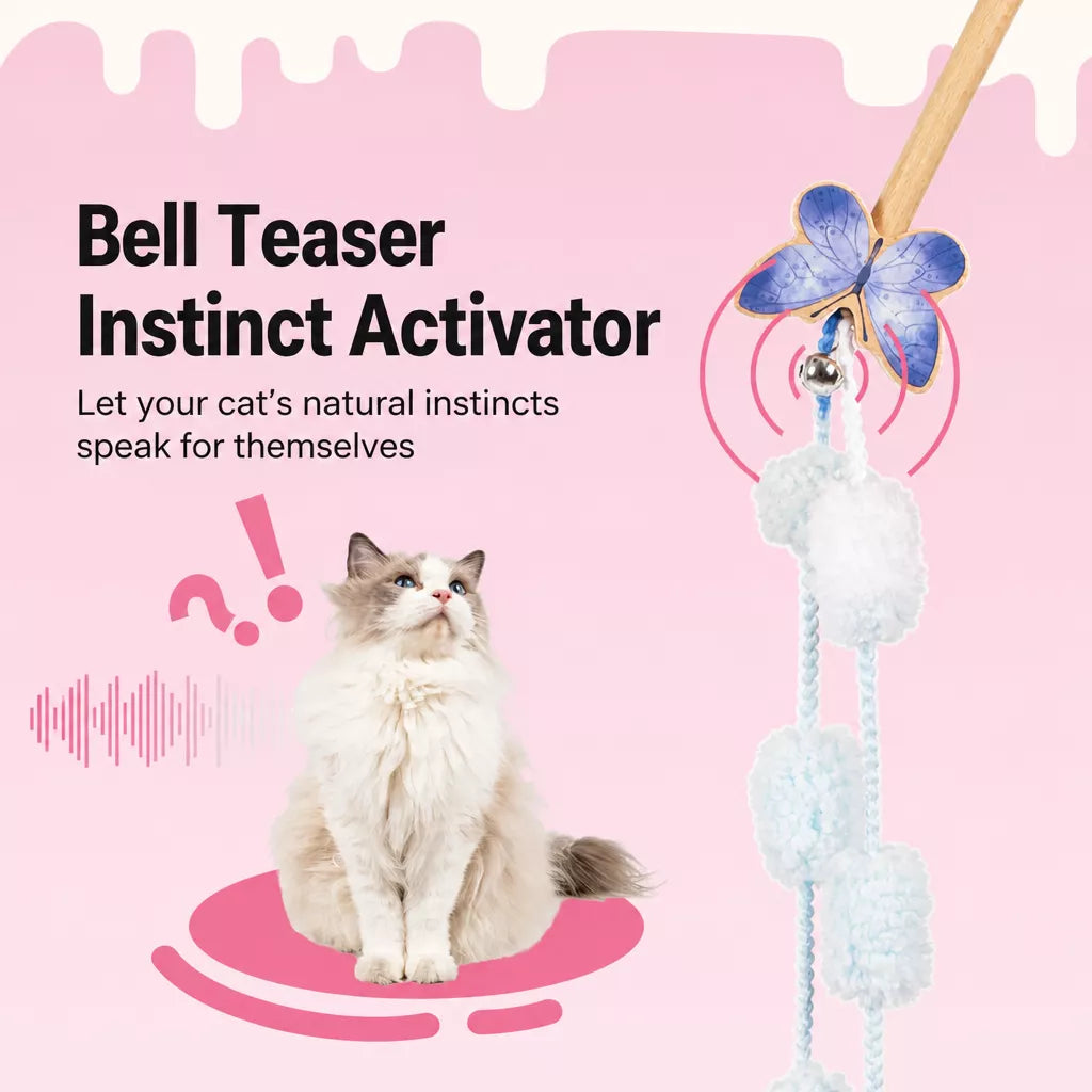 Wooden Cat Wand Toy with Bell and Feather Charms