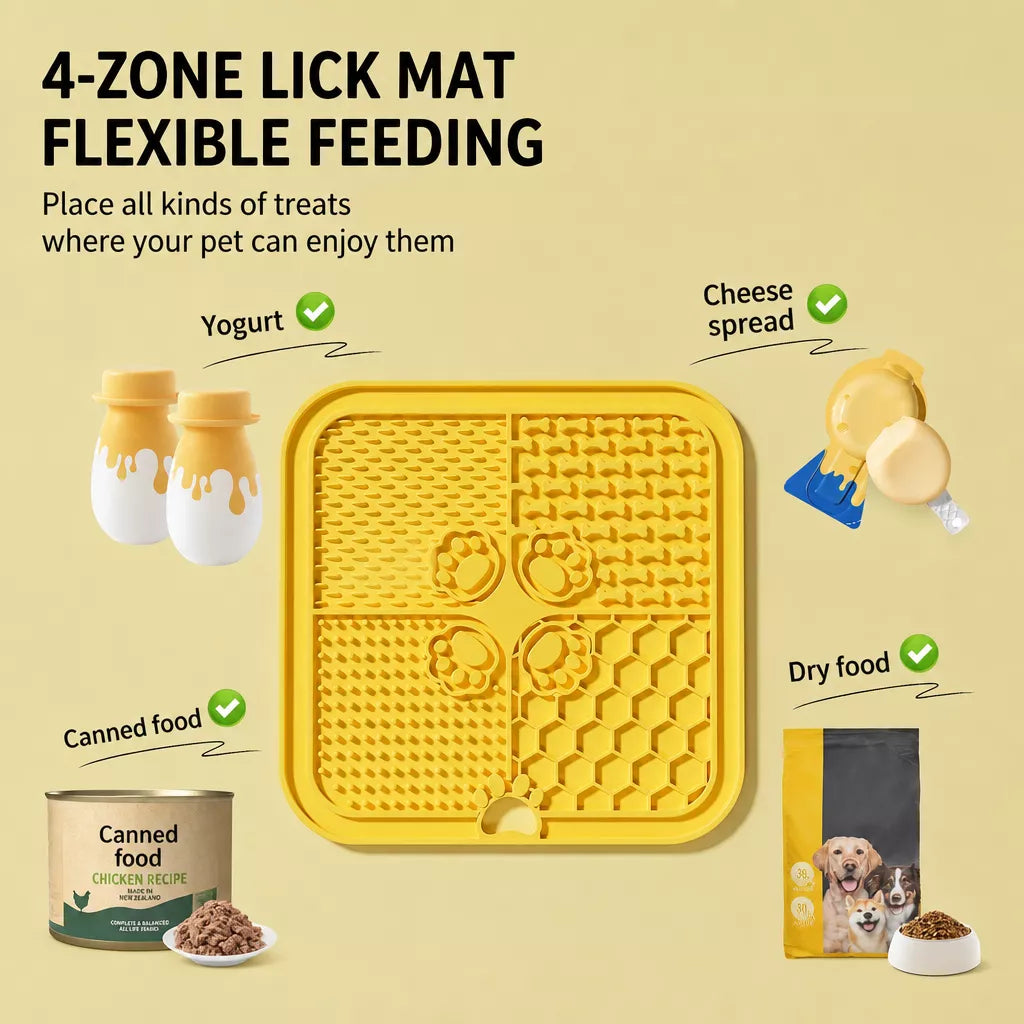 4-Compartment Silicone Lick Mat for Dogs with Scraper, 7.9 × 7.9 in