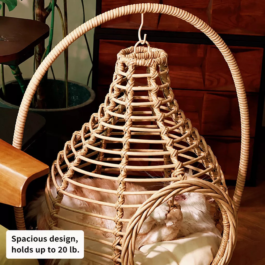 Handwoven Rattan Hanging Pet Bed with Cushion