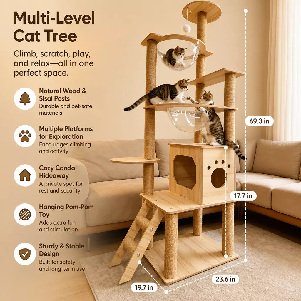 Large Wooden Cat Tree with Cat House, Scratching Post & Capsule Perch