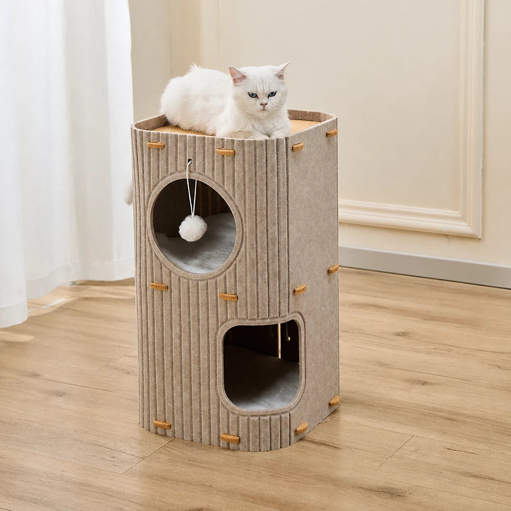 Multi-Level Felt Cat Tree with Enclosed Hideaway