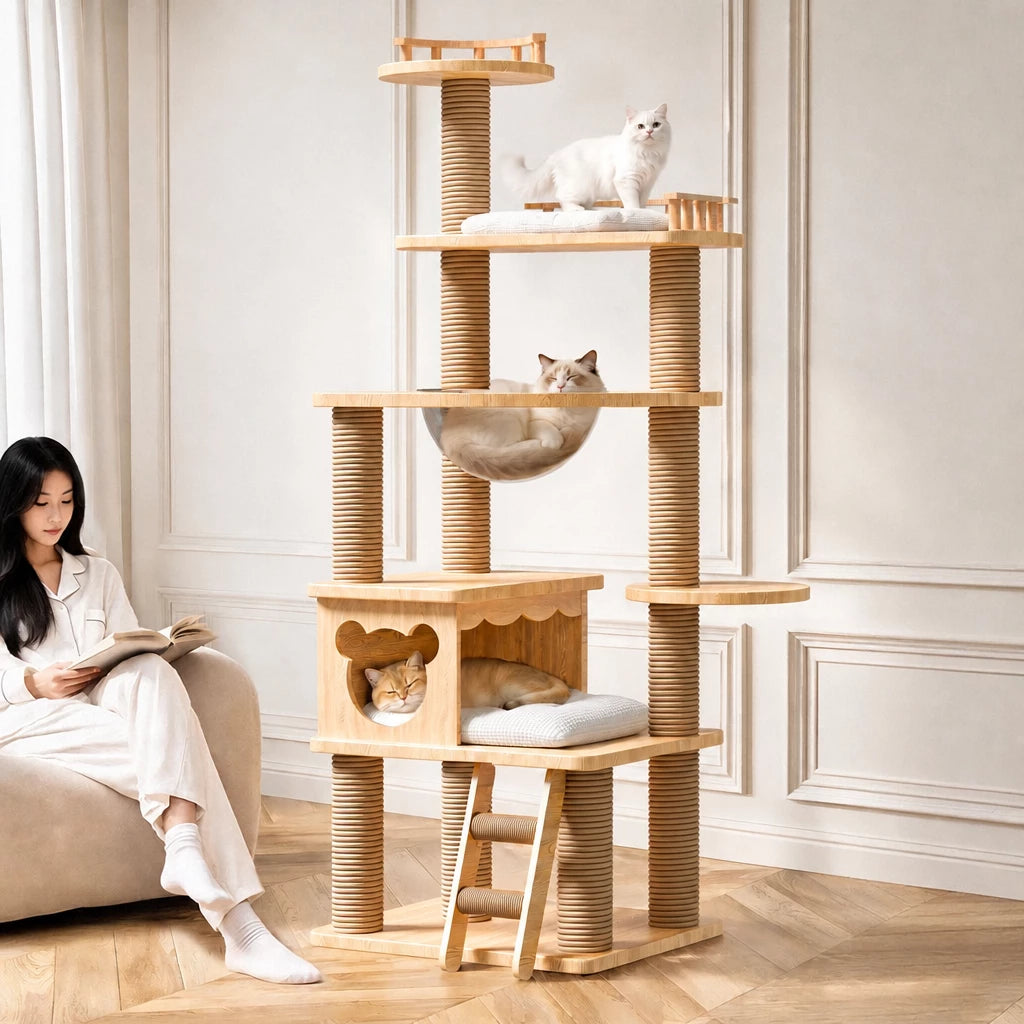 Solid Wood Cat Tree with Hideaways and Climbing Platforms