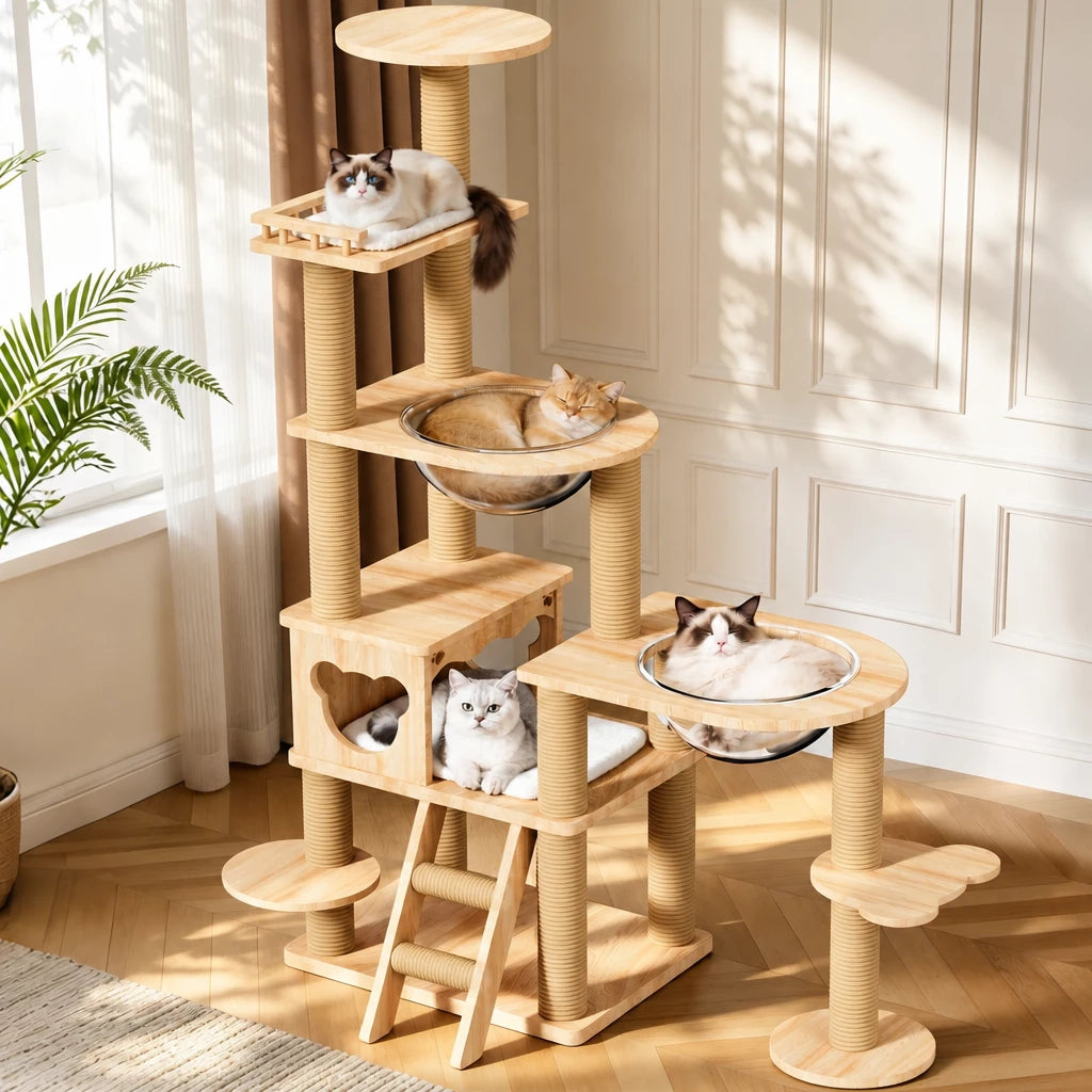 Solid Wood Cat Tree with Hideaways and Climbing Platforms