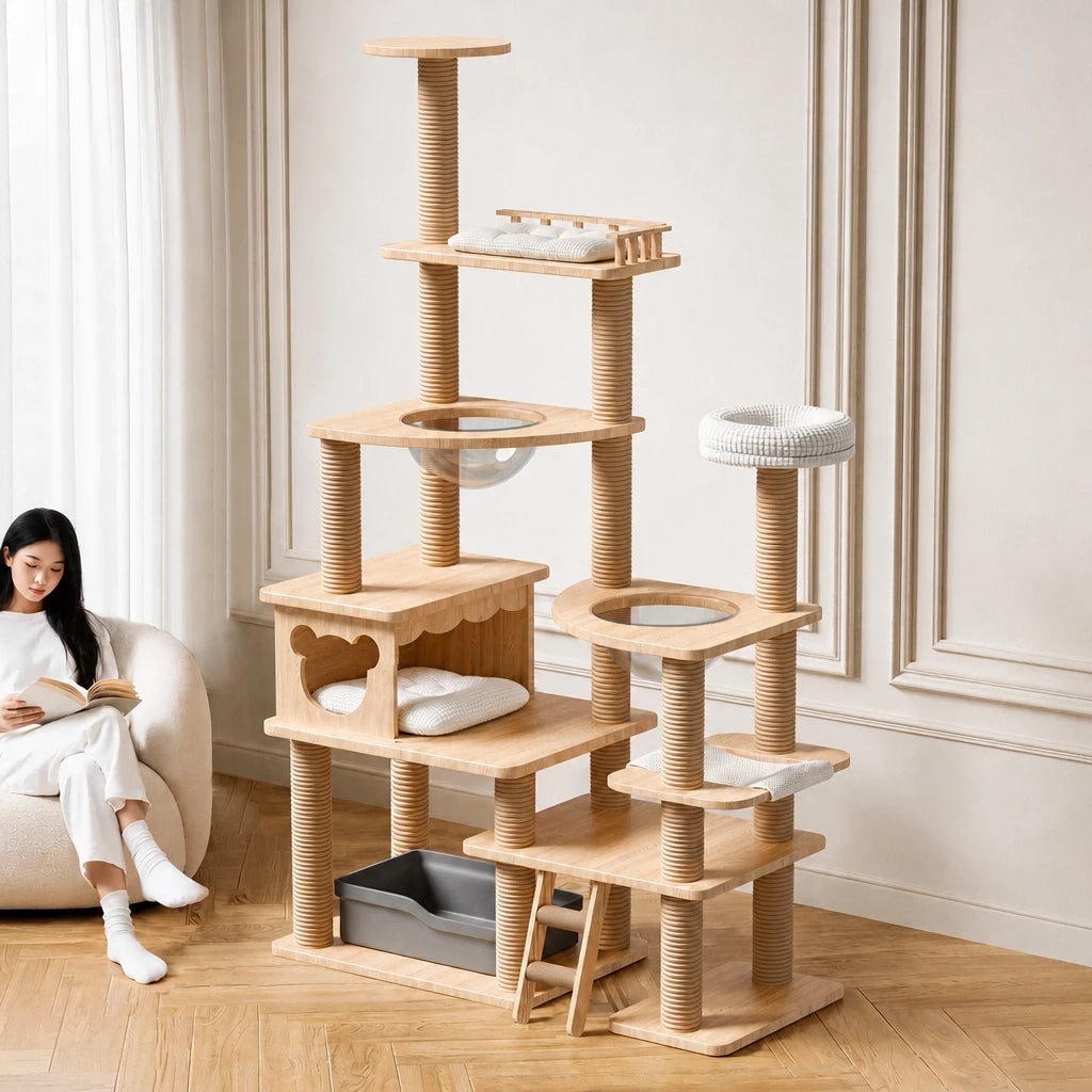Solid Wood Cat Tree with Hideaways and Climbing Platforms