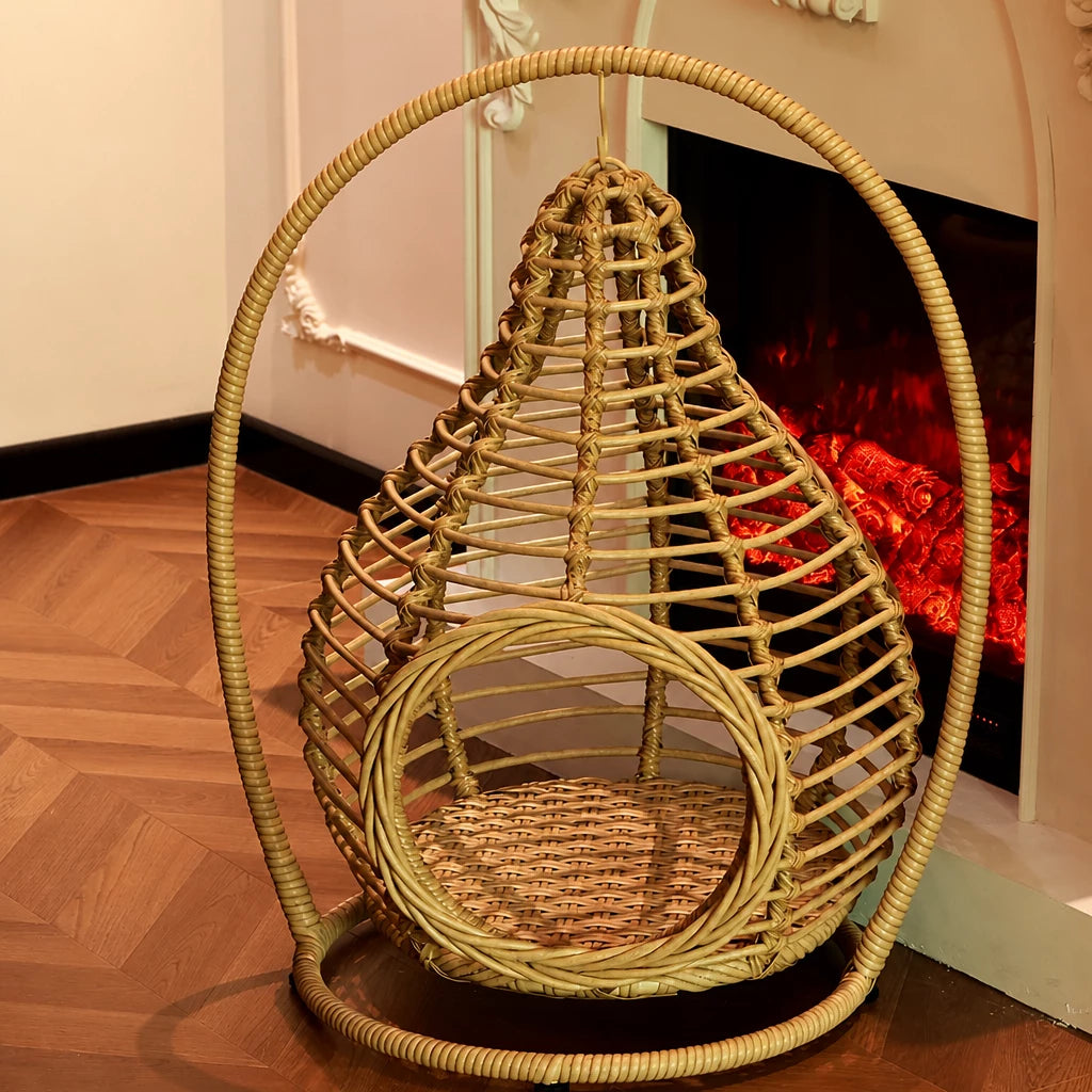 Handwoven Rattan Hanging Pet Bed with Cushion