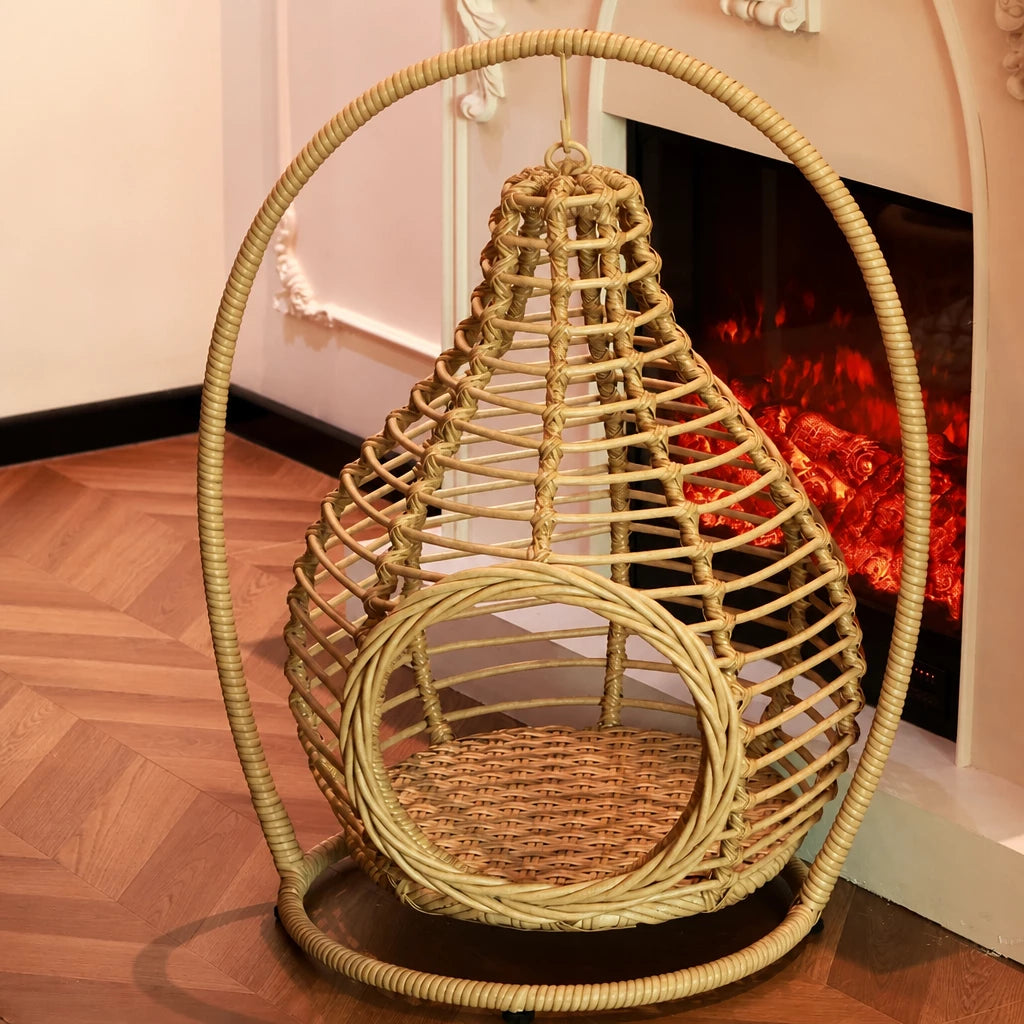 Handwoven Rattan Hanging Pet Bed with Cushion