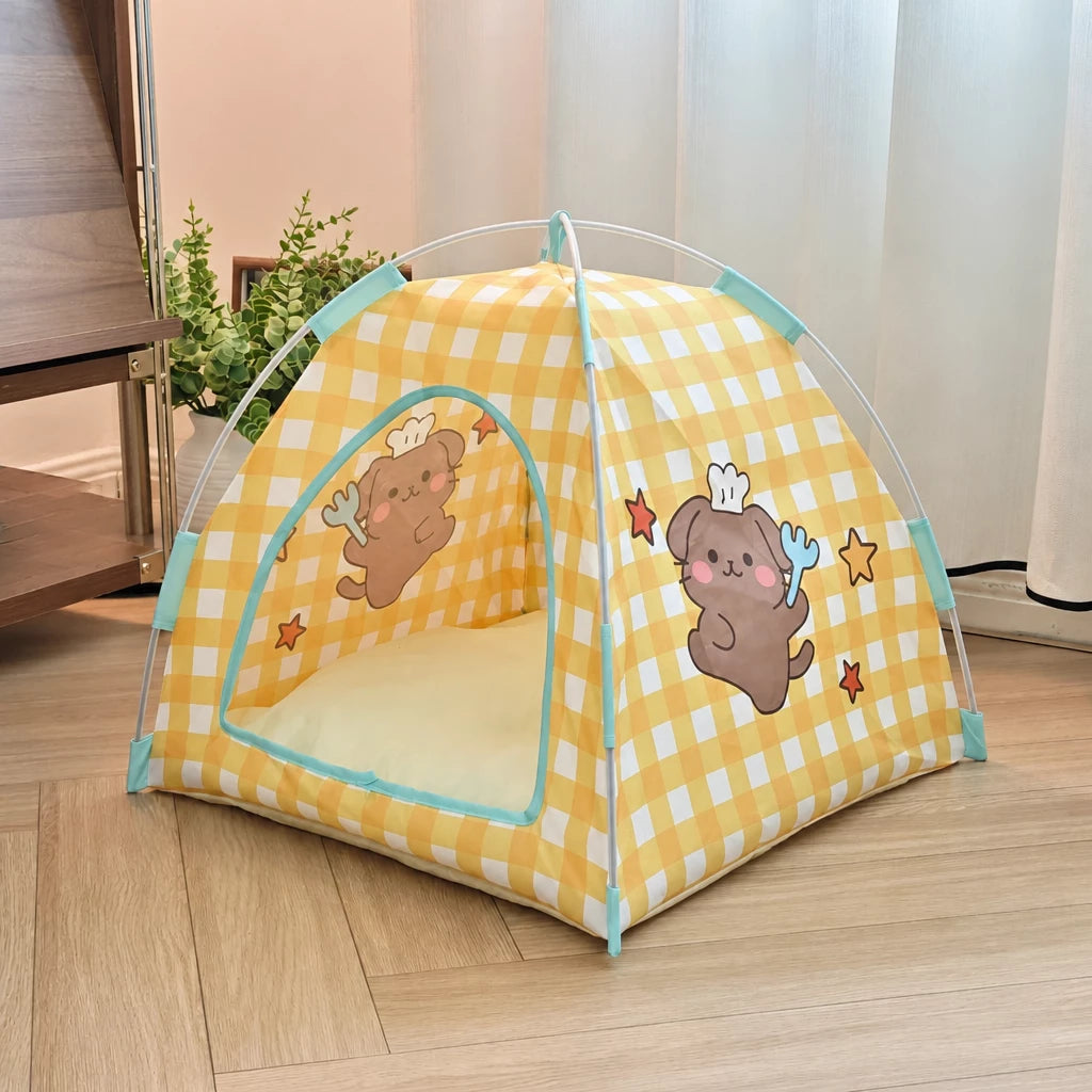 Semi-Enclosed Foldable Pet Tent Bed for Cats and Small Dogs
